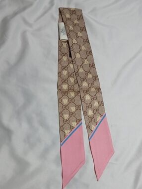 Gucci Beige GG Monogram Twilly with Pink and Blue Trim